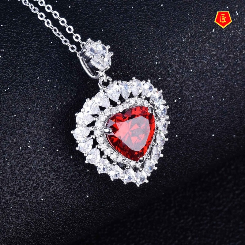 [Ready Stock]Heart-Shaped Natural Red Garnet Necklace Ring Earings Set