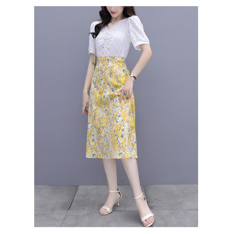 Setelan wanita atasan putih bawahan kuning bermotif bunga Korea cantik elegant
