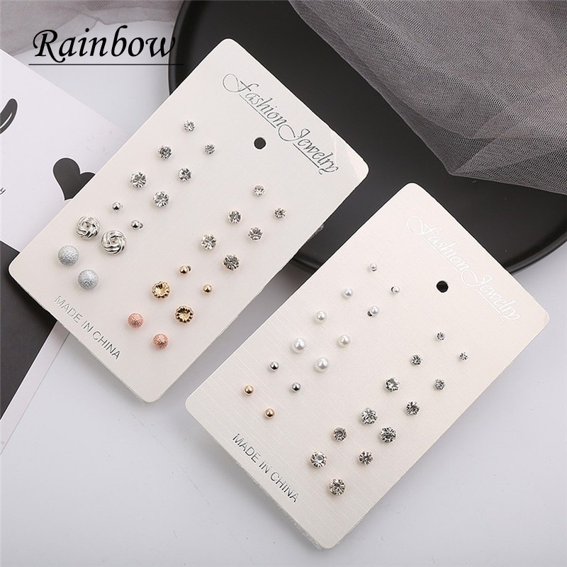 12 Pasang / Set Anting Tusuk / Stud Mutiara / Berlian Imitasi Untuk Wanita