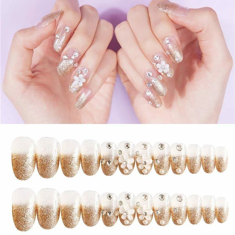 kuku palsu wedding nail art cantik gold fake nail art BN1285