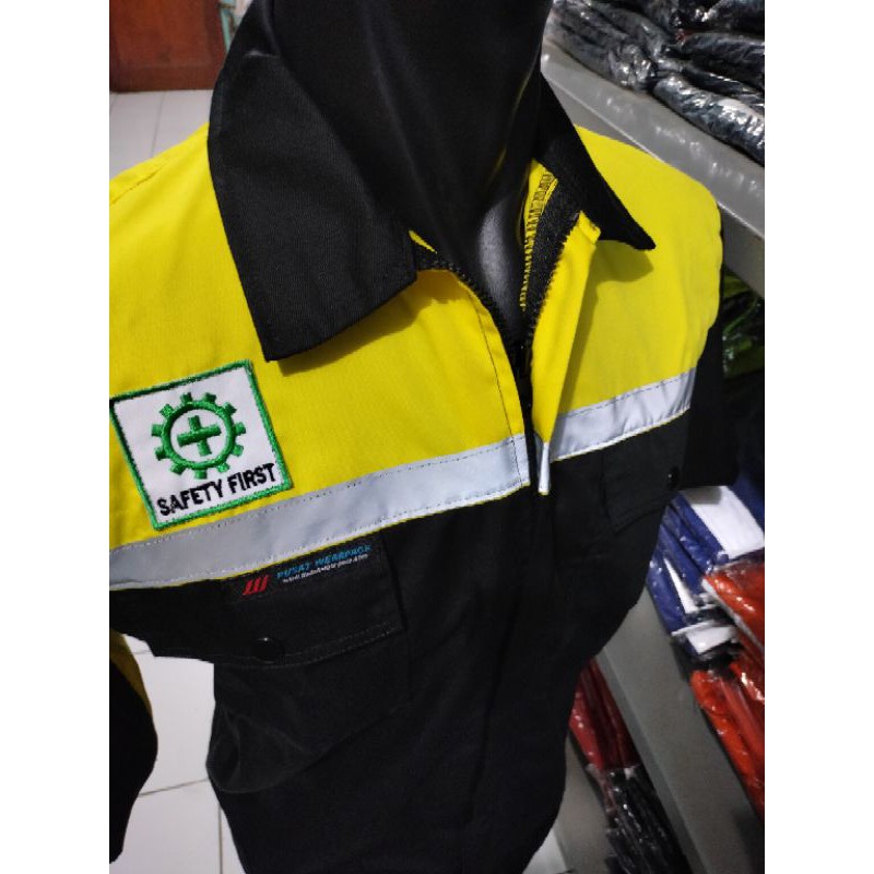 LENGAN PENDEK RESLETING HITAM KUNING BAJU SERAGAM WEARPACK ATASAN SAFETY