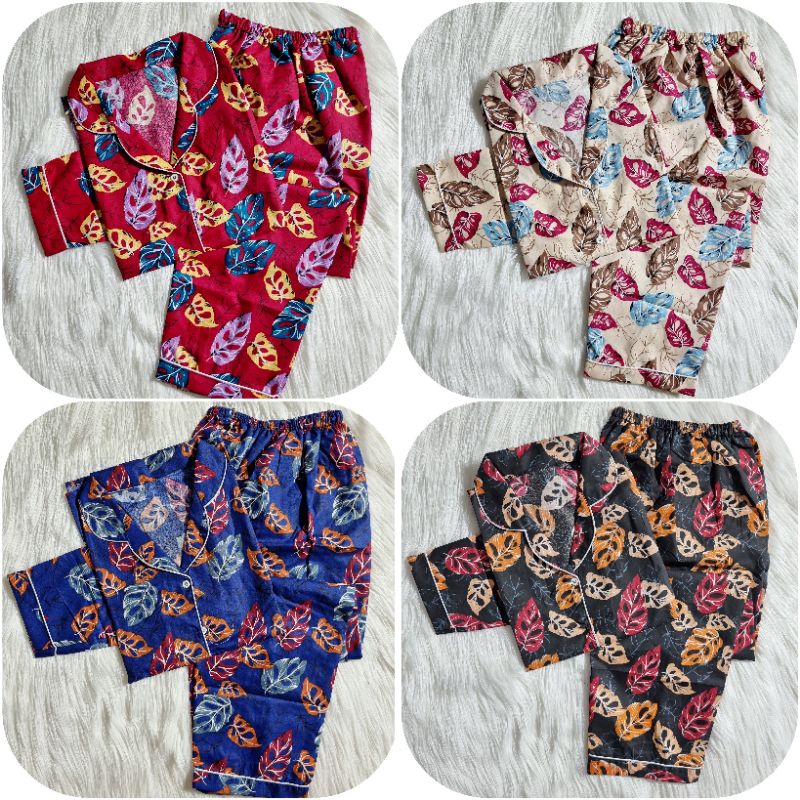 Baju Tidur Piyama Wanita/Cewek Pajamas Dewasa Katun Motif Daun Janbol PP Lengan Panjang Kekinian