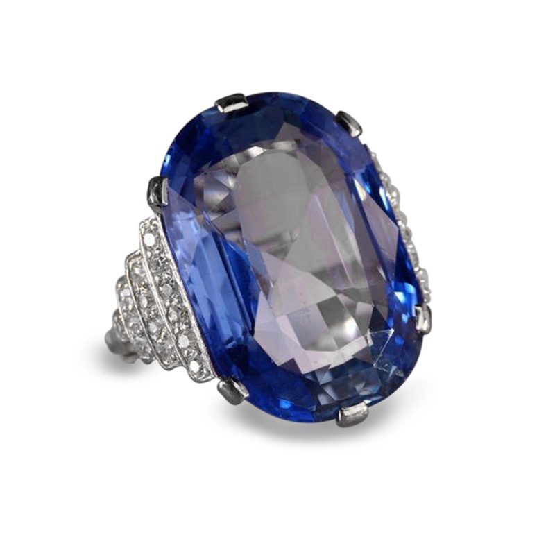 Cincin Wanita Bentuk Oval Hias Cubic Zirconia Biru Gaya Vintage Retro Untuk Pesta Ulang Tahun