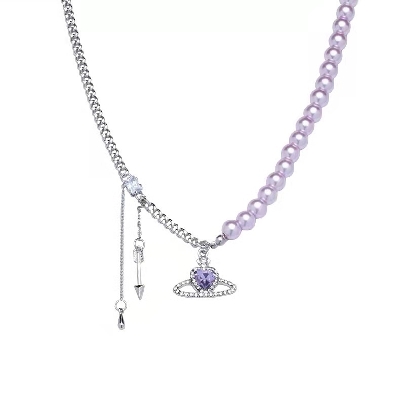 Kalung Rantai Klavikula Hias Mutiara Bentuk Hati Warna Ungu Gaya Retro