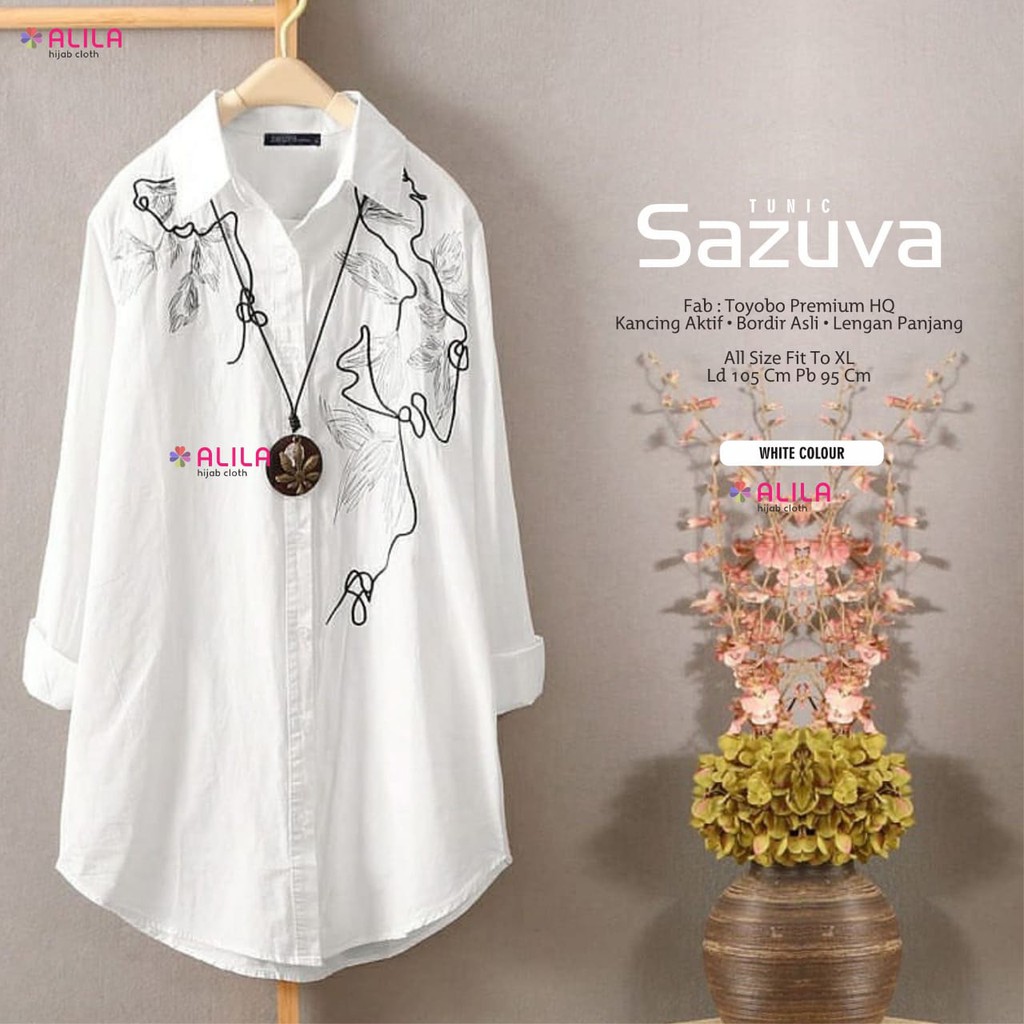 toyobo SAZUVA (ld 105) tunik atasan muslim wanita lengan panjang putih motif bordir alila