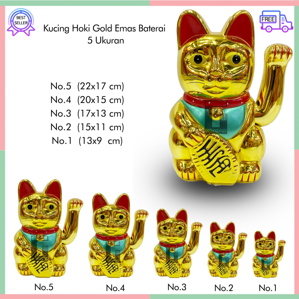 Boneka Hiasan Dekorasi Pajangan Patung Kucing Hoki Keberuntungan Lucky Cat Rejeki Maneki Neko Maneko Neki Emas Gold Tangan Gerak Goyang Baterai Batre Batrai Batrei Non Solar Listrik Jepang Cina China Meja Kasir Toko Size Ukuran Besar Kecil Sedang Medium