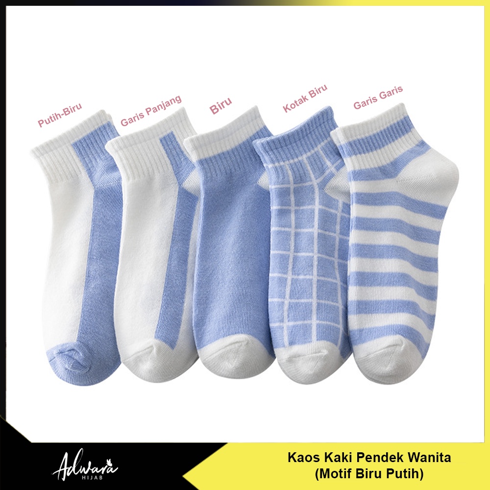 Kaos Kaki Pendek Wanita Semata Kaki Motif Biru Putih Kotak Feminim Gaya Korea