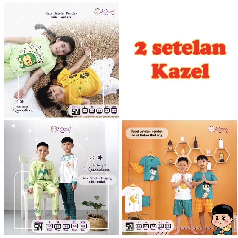 2PCS Kazel Setelan Piyama / Pendek Anak 1-6 Tahun Ketupat Beduk Pakaian Raya Lebaran Muslim Anak CBKS