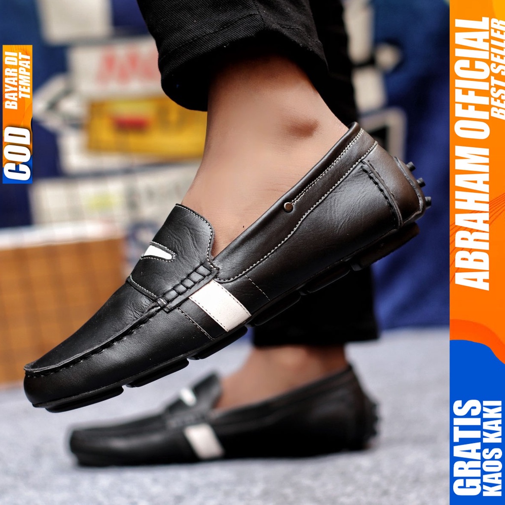 Sepatu Casual Pria Slip On Slop Selop Pansus Santai Kulit Asli Kerja Kantor Kulit Kondangan Hitam Polos Fashion shoes Terbaru Original Murah Kekinian Cowok VELAS ABRAHAM