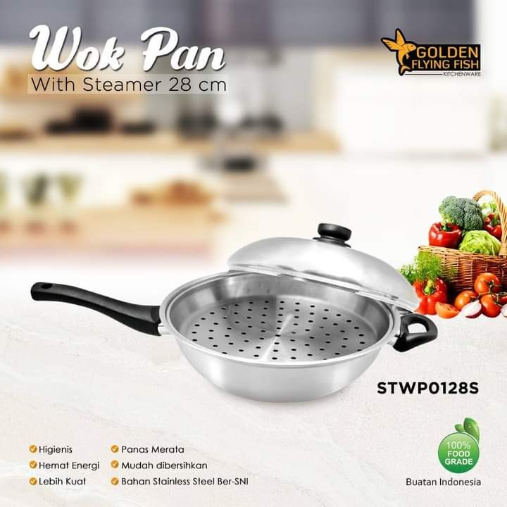 Wok Pan With Steamer 28cm StainlessSteel Golden Flying Fish STWP0128S