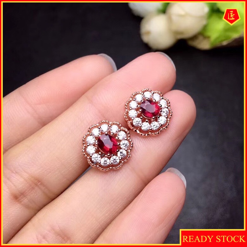 [Ready Stock]Fashion New Inlaid Garnet Full Diamond Flower Stud Earrings