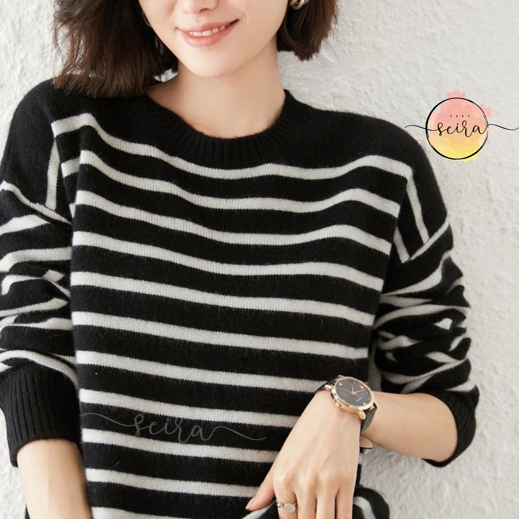 [BISA COD] Bayoneta Strip Knit / Atasan Rajut Lengan Balon / Switer Bayoneta Strip Knit Wanita Terbaru / Sweater Style Wanita Ootd Korea