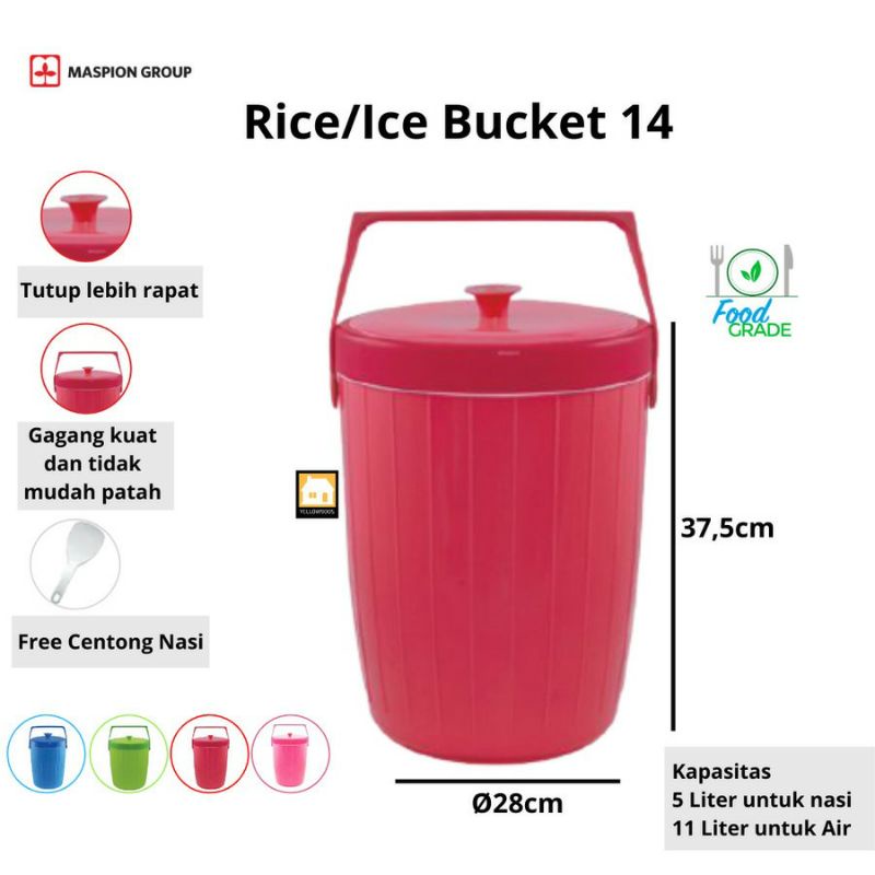 MASPION RICE/ICE BUCKET TERMOS ES TERMOS NASI 14 LITER 5KG NASI PINK BIRU HIJAU