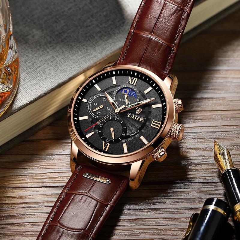 LIGE original jam tangan pria tali kulit anti air olahraga kronograf jam tangan