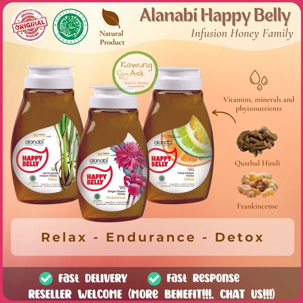 

Madu Asli Murni Nektar Multiflora dan Madu Herbal Alami Infusion Happy Belly Honey Alanabi