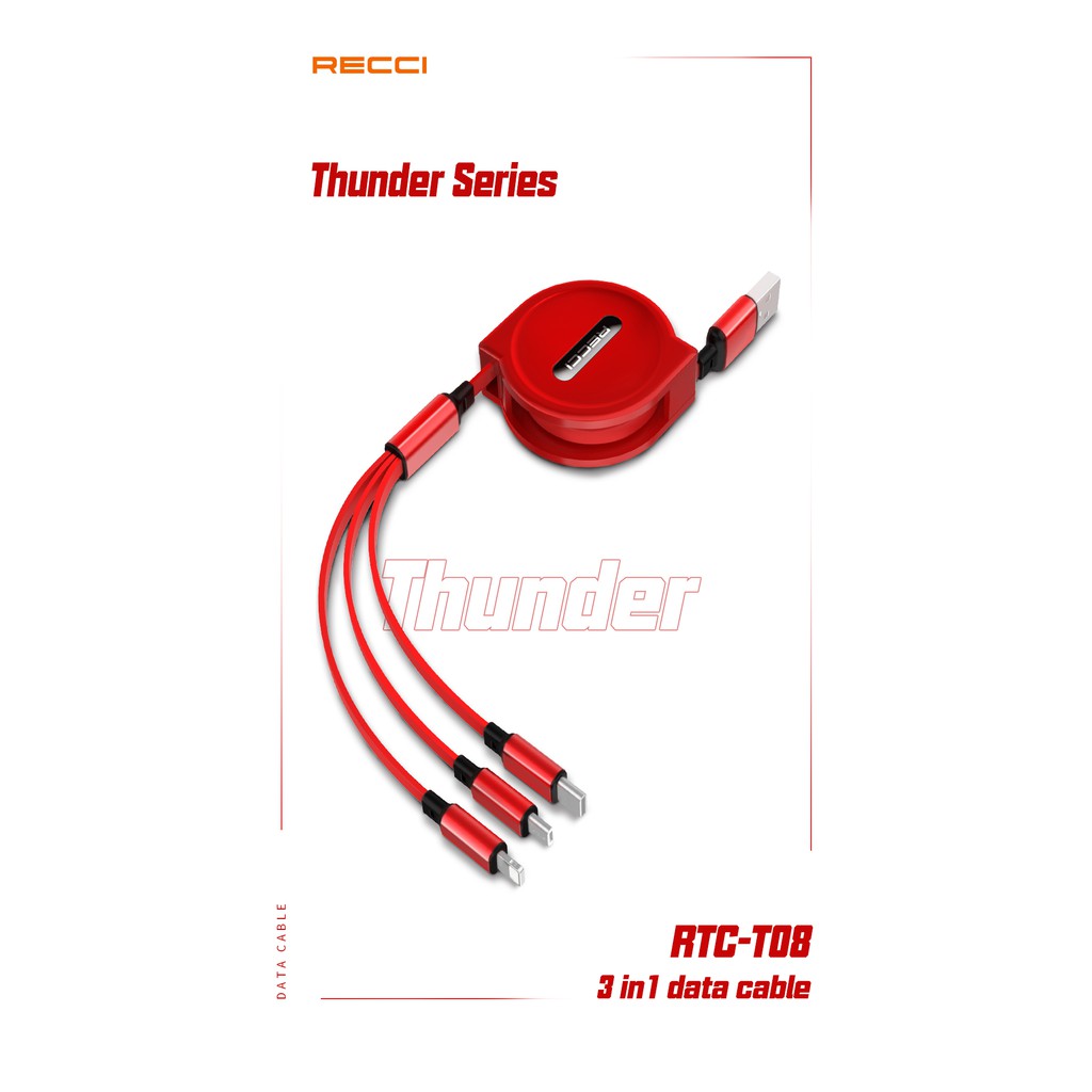 Kabel USB 3 in 1 Cable Thunder  Recci RTC-T08 Type-C 100cm Red