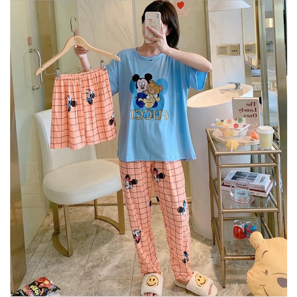 SET Piyama 3 in 1 Import Dewasa lengan pendek baju babydoll Jumbo Import Korea MICKEY GUCCI (PJ15)