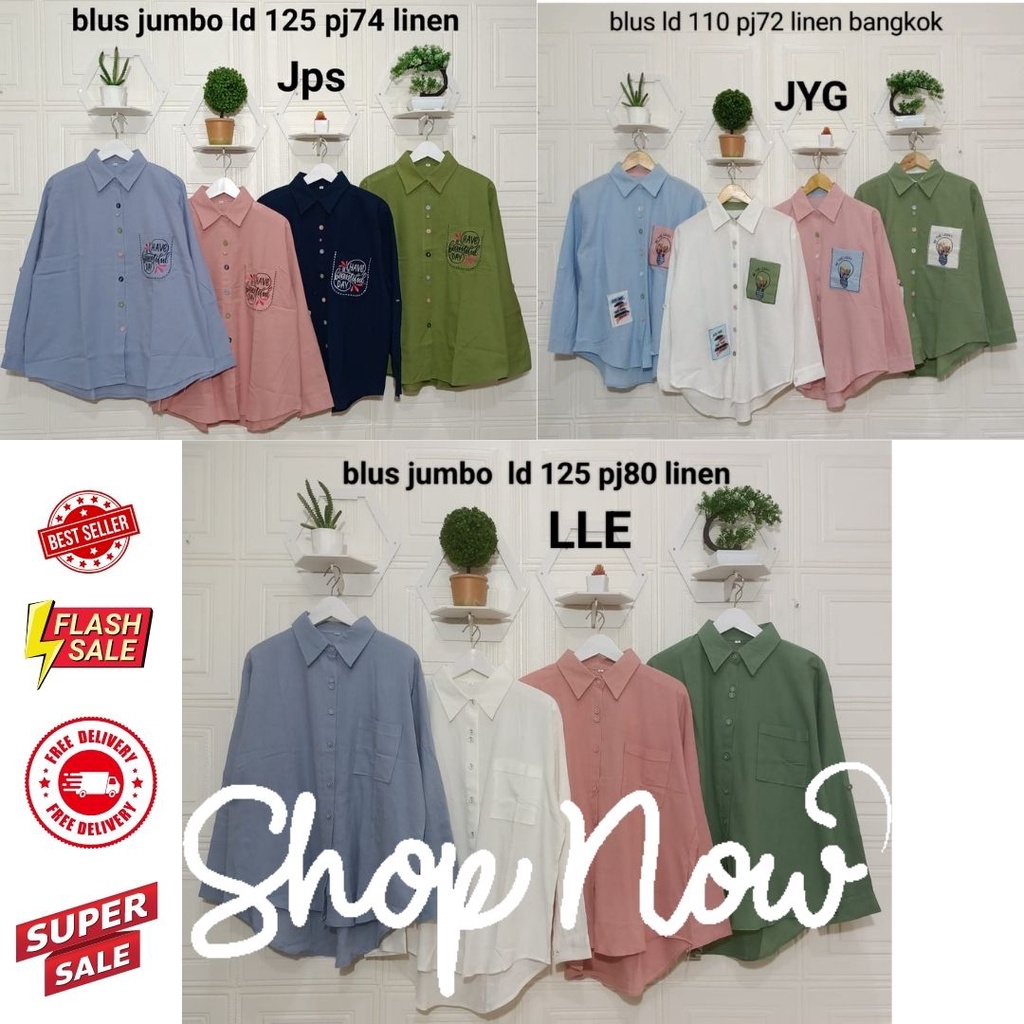 Kemeja Blouse  Wanita Jumbo Katun Linen Kombinasi Premium, Kemeja Wanita Tunik Premium