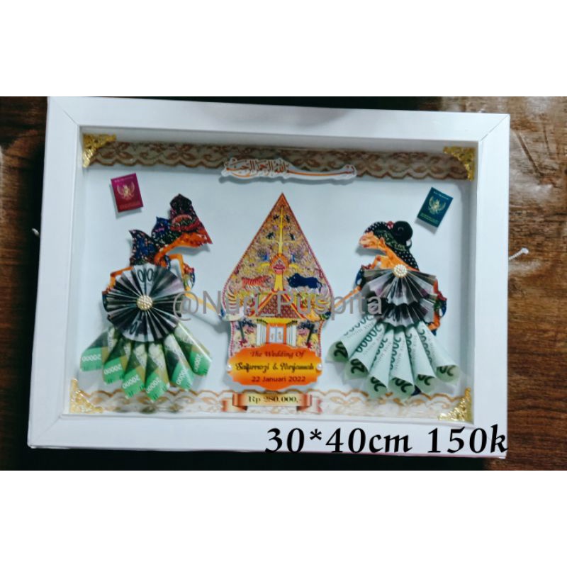mahar pernikahan, mahar uang bentuk wayang ukuran 30x40cm