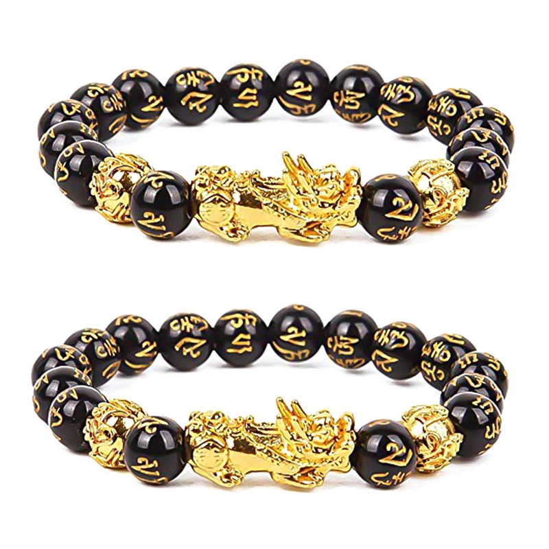 Gelang Feng Shui Warna Hitam Obsidian Pi Xiu Bahan Alloy Ukuran 10/12mm