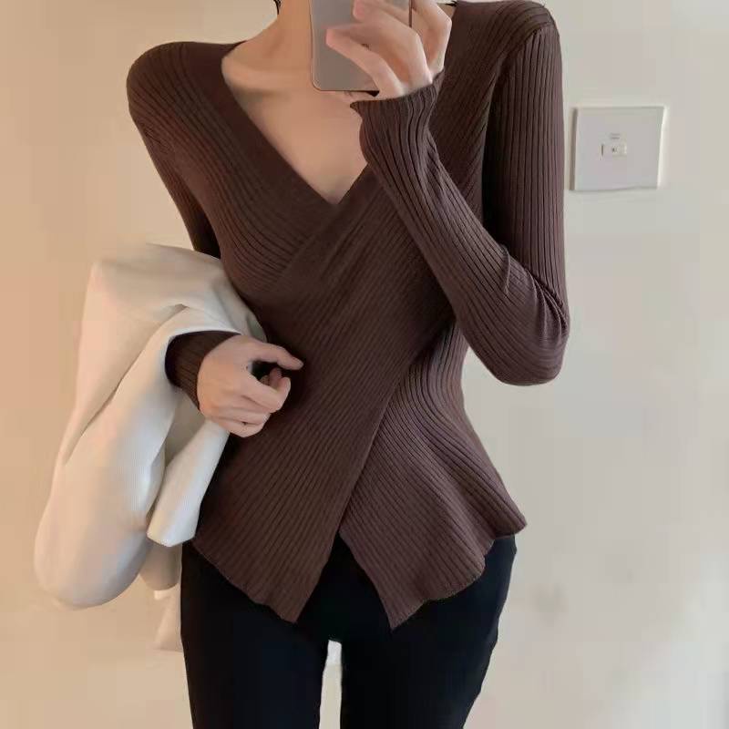 Sweater Wanita V-neck Gaya Korea Knit Wrap Top Polos Lengan Panjang Wanita Rajut Korea Style