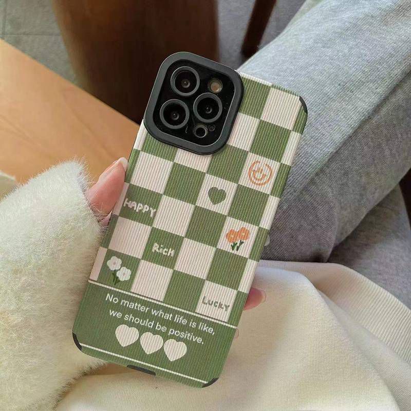 Green lattice Soft Leather Case HP OPPO A9 A53 A33 A31 2020 Reno 3 5 6 A3S Realme C1 X XT A7 A12 A11K F9 Pro F11 A52 A92 A92 A91 K5 K3 Casing Gadis Lucu VIVO V9 Y91c Y93 Y11 Y12i Y12 Y15 Y17 Y19 S1 Z1 Pro Y50 Y30 Y30i Y20 Y20S Y20A Y12S