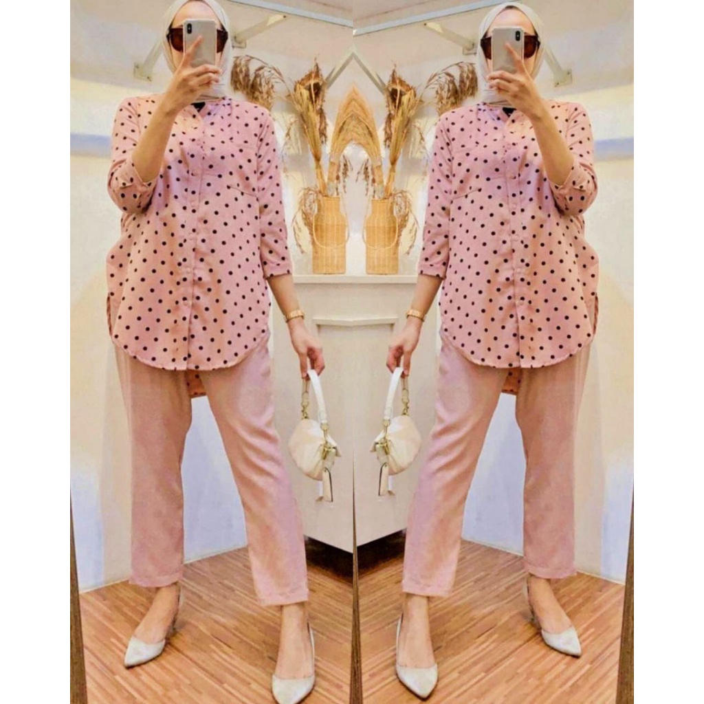 Berryset One Set Wanita Polkadot Shakila Kield Premium Baju Setelan Wanita Kekinian Set Celana Baggy Pants LD 110 cm