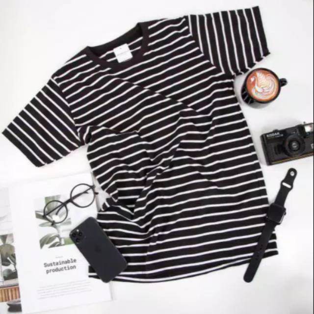 Kaos stripe hitam putih kecil S-5XL