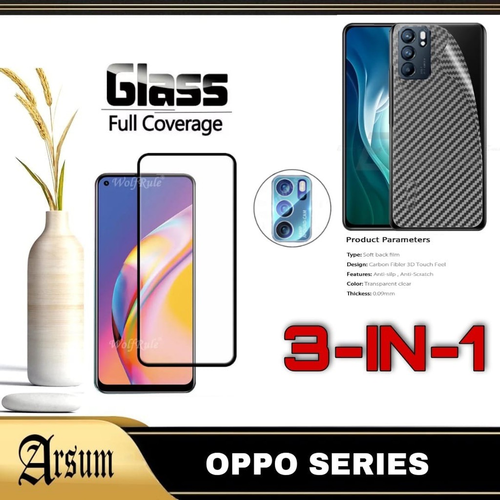 PROMO 3-IN1 Tempered Glass Layar Hp Oppo Reno 6 5G,Reno 6 Pro 5G  Garskin Carbon + Tg Camera Full Le