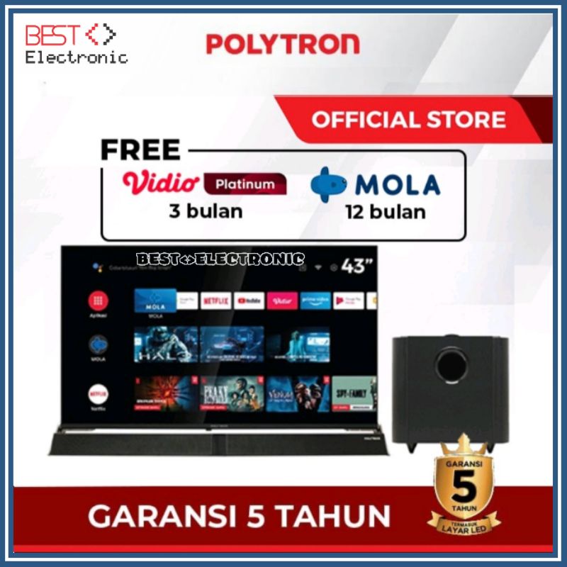 Smart Android Soundbar TV POLYTRON Digital Mola LED TV 43 inch PLD 43BAG9953 / 43BAG5959 + SOUNDBAR