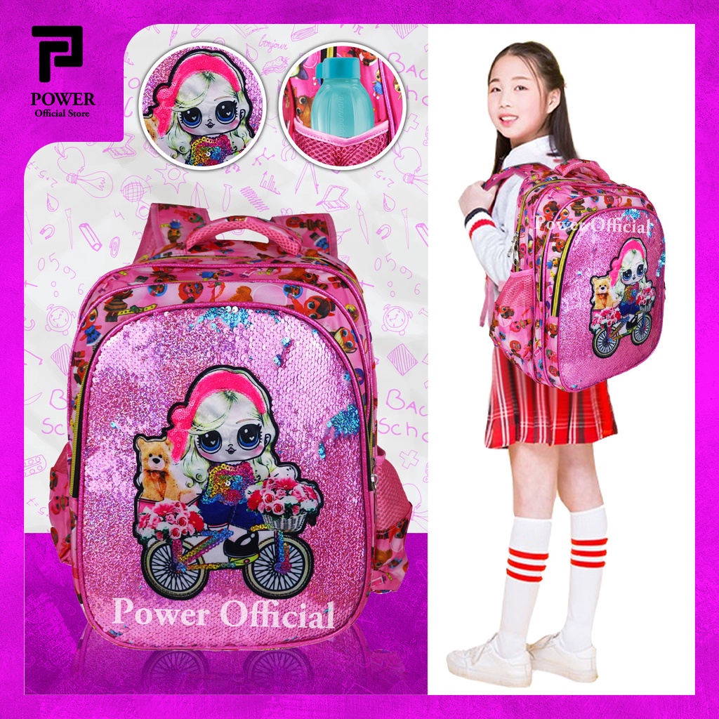 Tas Sekolah Anak Perempuan Ransel Anak SD Karakter LOL Import Sequin Usap + Mata Lampu