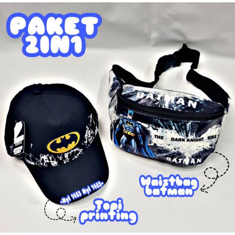 PAKET 2IN1 TAS SELEMPANG WAISTBAG ANAK SUPERHERO/ FREE TOPI KARAKTER