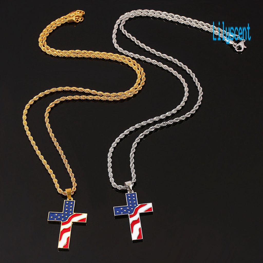 Lily Kalung Rantai Liontin Salib Motif Print Bendera Amerika / National Warna-Warni Untuk Pria