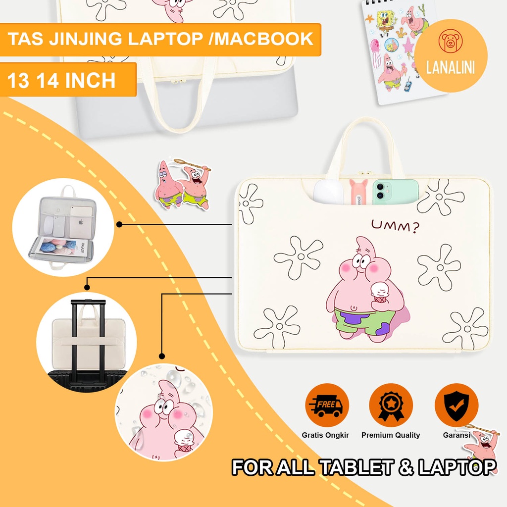 Sleeve Pouch Sarung Tas Bag Case Ipad Tab Tablet Macbook Air Pro Laptop Asus Acer Lenovo HP Huawei 11 12 13 14 15 inch Motif Gambar Kartun Cartoon Patrick Warna Putih Lucu Cute Murah Korean Model Jinjing Tali Strap