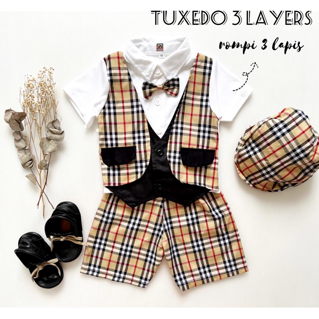 JACKSON / MEWAH 3 LAYERS JAS Tuxedo SET Baju Kemeja topi jumper celana setelan pergi jalan lucu fashion anak bayi cowok laki murah Terlaris