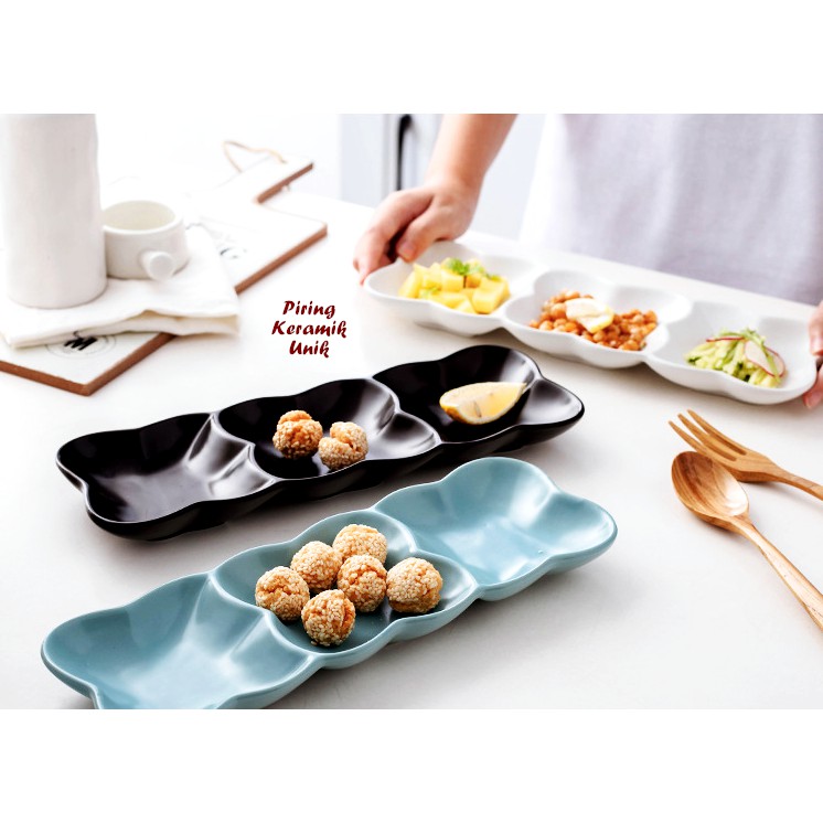 Piring Keramik Unik 3 SEKAT ukuran besar panjang 29.5 cm piring sambal buah saos selai dish food