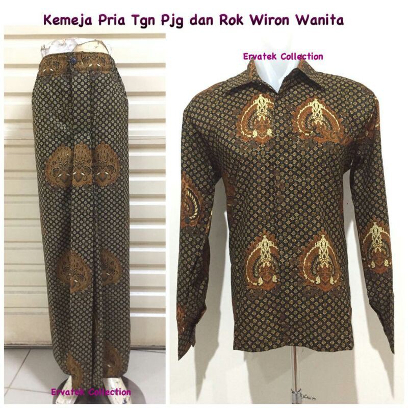 COUPLE BATIK CBPJW29 Kemeja Pria Tangan Panjang dan Rok Wiron Panjang Batik Wanita Truntum Coklat