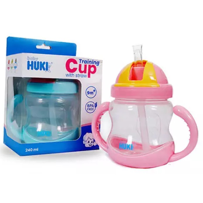 Training CUP BABY HUKI Gelas bayi untuk belajar minum seandiri with Straw Sedotan Silikon yang Lembut belajar gagang pegangan baby weaning glass