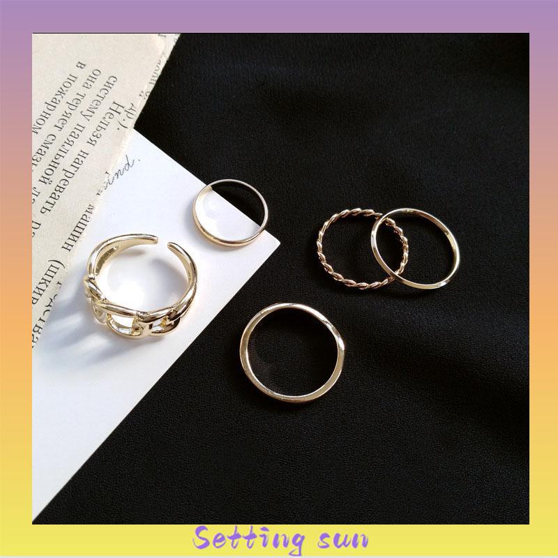 5pcs / Set Fashion Cincin Wanita Model Terbuka Geometri Warna Silver / Gold Gaya Vintage TN