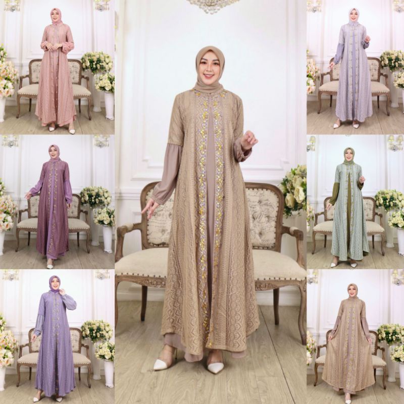 AL MOUDY DRESS // BAHAN BRUKAT KATUN MALILA ABSTRAK MIX WOOLPECH APLIKASI PAYET MUTIARA // SERAGAMAN KELUARGA // BAJU PESTA LAMARAN // BAJU WISUDA // Original By Pelangi Jaya