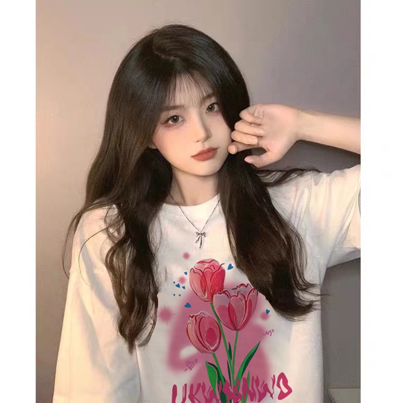Atasan Putih lengan pendek retro longgar korean style sederhana/kaos atasan wanita/baju kaus oversize wanita