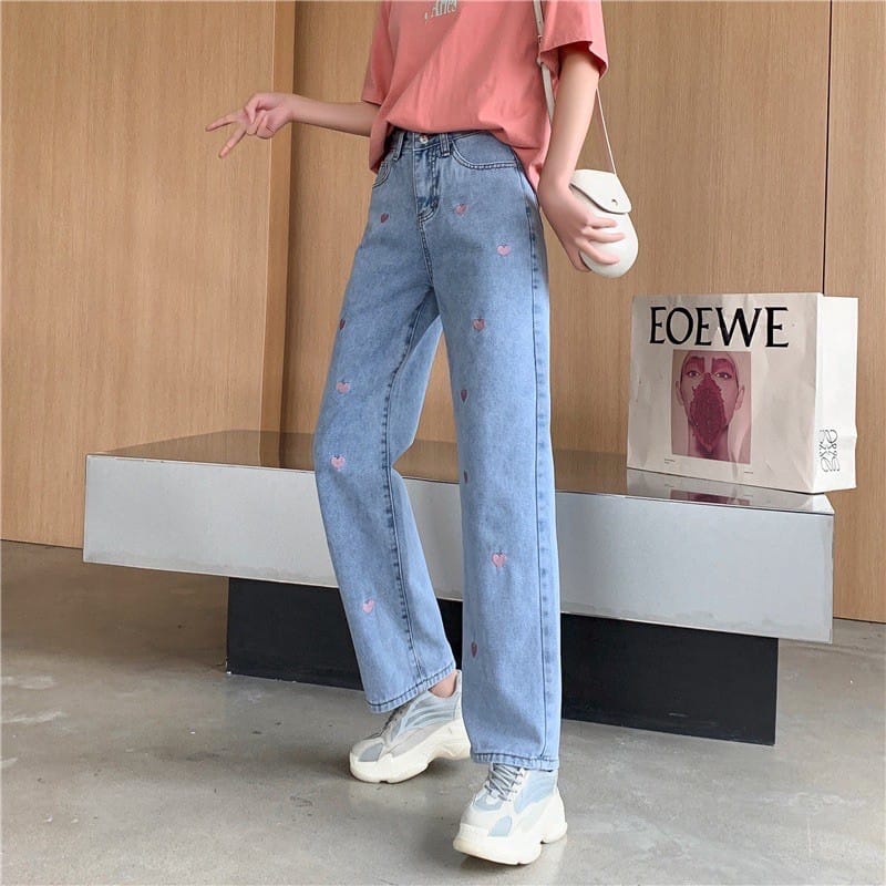 Boyfriend lose Kulot Jeans Love Bordir Gaya Korea// Celana Jeans Wanita Pinggang tinggi Boyfriend loose