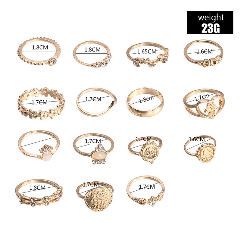 15 Pcs / Set Cincin Desain Kepala Emas Koin Palang Hati Fatima Untuk Wanita