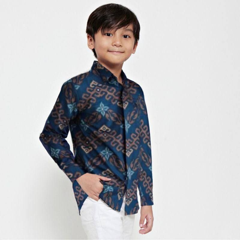 Kemeja Batik Pria Couple Ayah Dan Anak Laki-laki Motif Teratai Warna Krem Lengan Panjang Dan Pendek