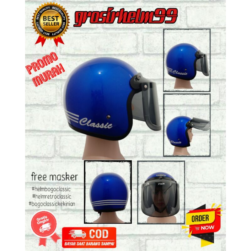 helm bogo classic kaca injak BIRU GLOSS  helm bogo murah  helm retro dewasa