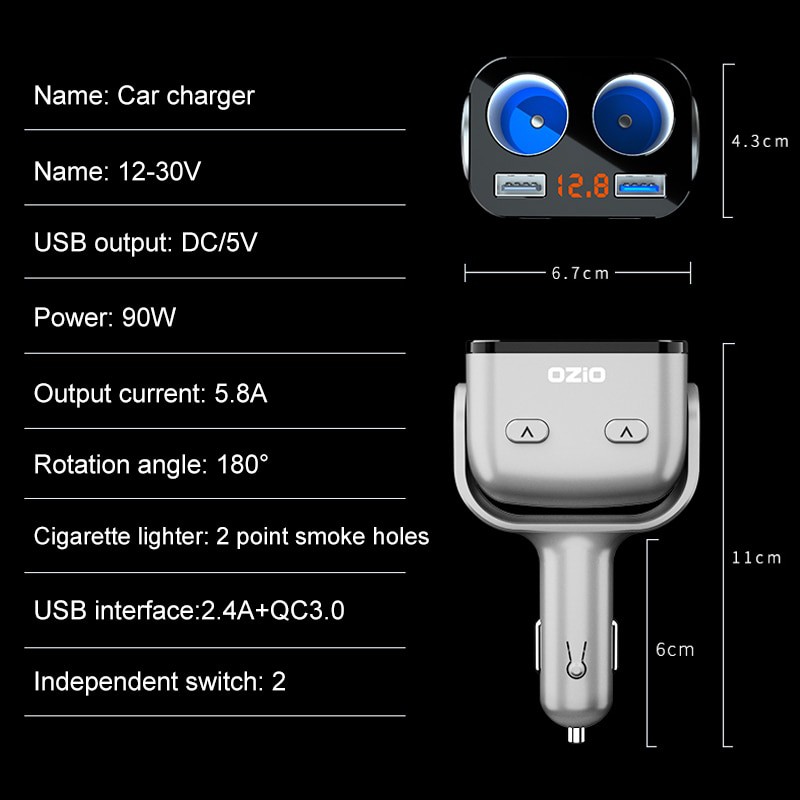 Accnic Car Charger 2 USB Port QC3 + 2 Cigarette Plug LCD Display - Y34Q - Black