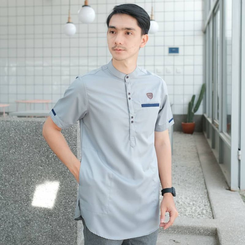 Baju Koko Kurta Pakistan Pria Dewasa Lengan Panjang Material Katun Toyobo  Size M L XL Grey Late Navy