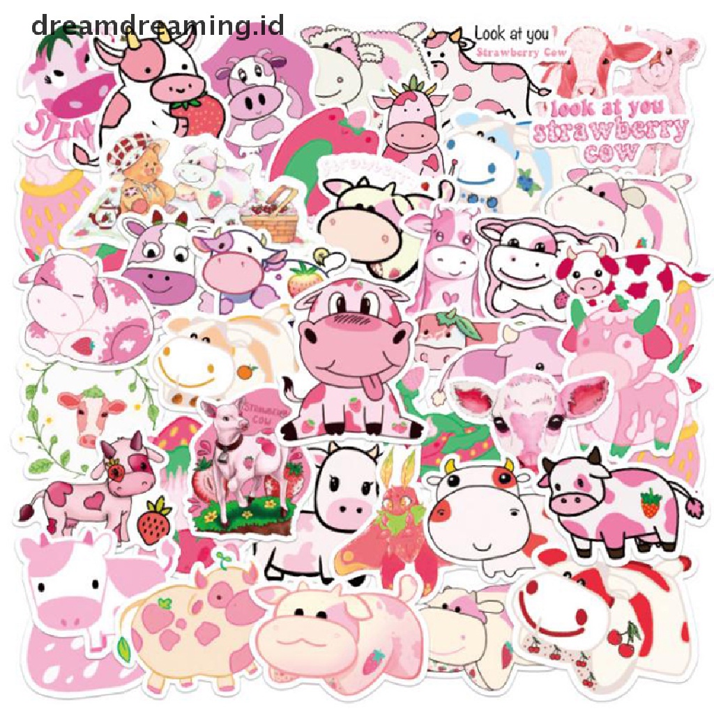 (dreamdreaming.id) 50pcs / Set Stiker Motif Kartun Strawberry / Sapi Untuk Dekorasi Laptop / Skateboard / Koper