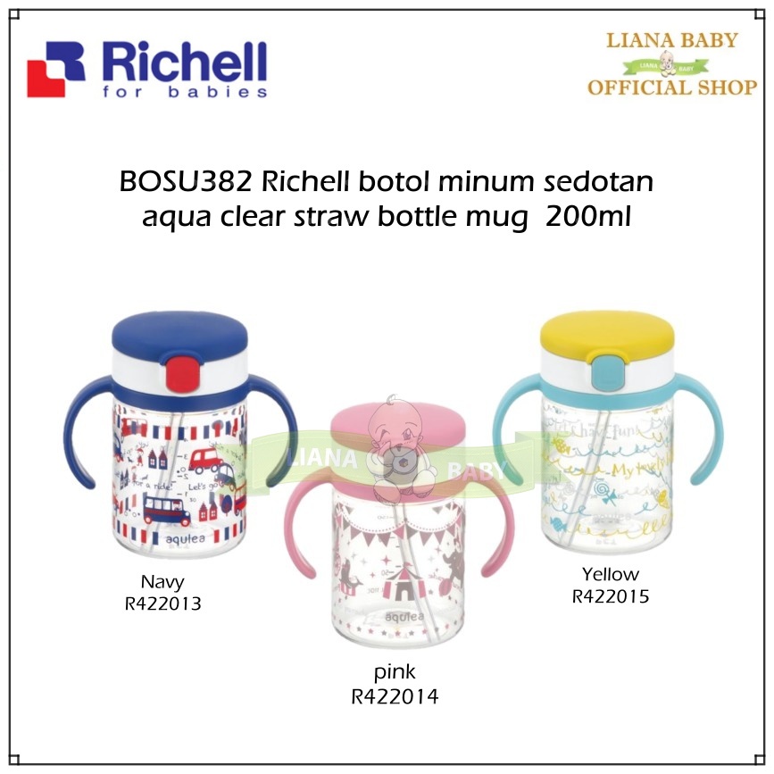 BOSU382 RICHELL AQUA CLEAR STRAW BOTTLE MUG BOTOL MINUM SEDOTAN ANAK 200ML