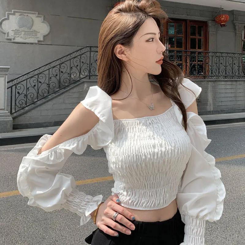 impor French square neck off-shoulder daun teratai lengan pinggang kemeja wanita Chic manis peri lip